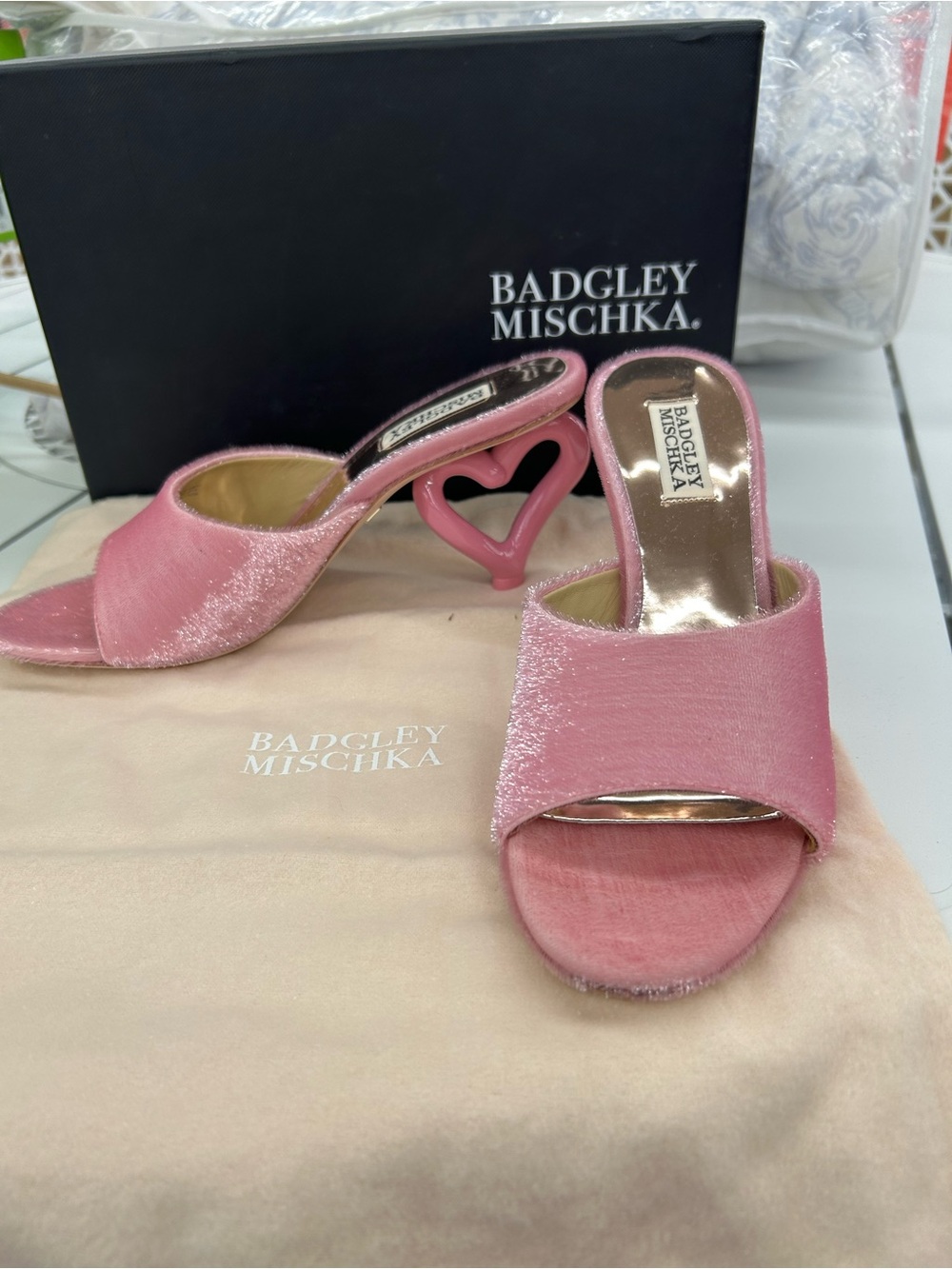 Badgley Mischka Pink Velvet Heart-Heel Mules